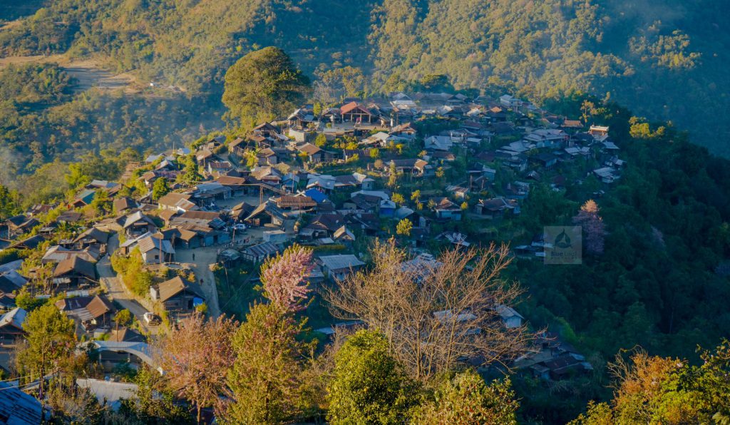 A picturesque mountain village surrounded by lush greenery under a bright blue sky.
