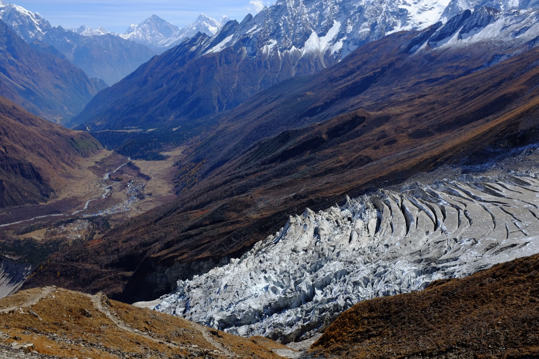 Stunning view of a Himalayan glacier surrounded by mountains under a clear sky.